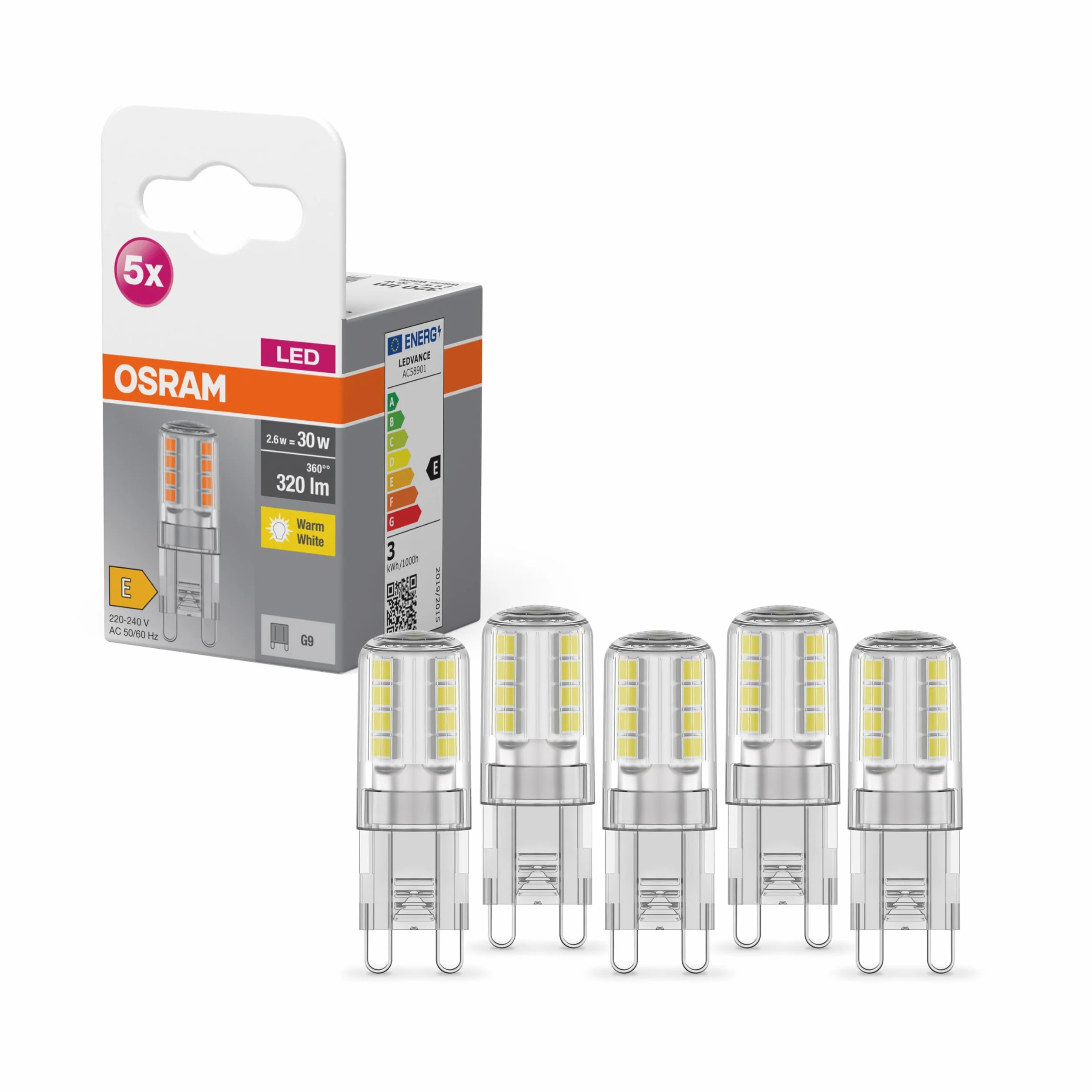 Osram Lampe LED Star PIN, G9-base, verre clair,Blanc chaud (2700K), 320 Lumen, Remplacement de la traditionnelle 30W-Ampoules 5-Pack